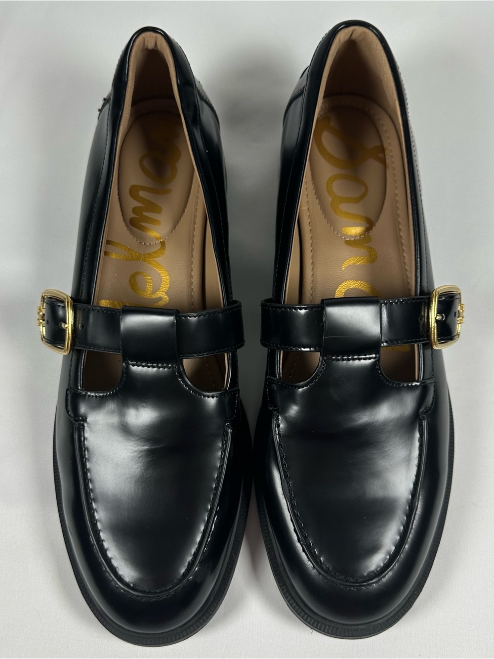 Sam Edelman Women’s Black Elaina T-Strap Loafers with Gold Buckles Size 10